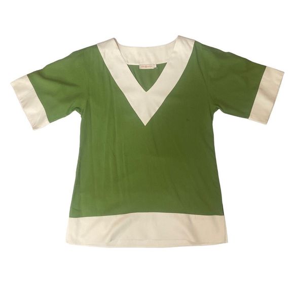 Tory Burch Silk Tunic Lipsi Green Ivory Colorblock V Neck Swim Cover Blouse Sz S - Picture 1 of 11